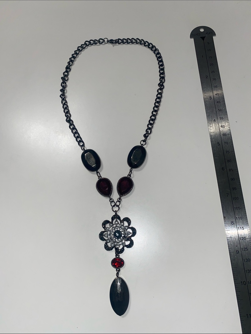 Gunmetal and Red Floral Pendant Necklace - Picture 3 of 3